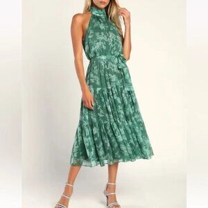 NWT: Lulu's Float To You Green Floral Tiered Halter Dress  Midi, Size XS